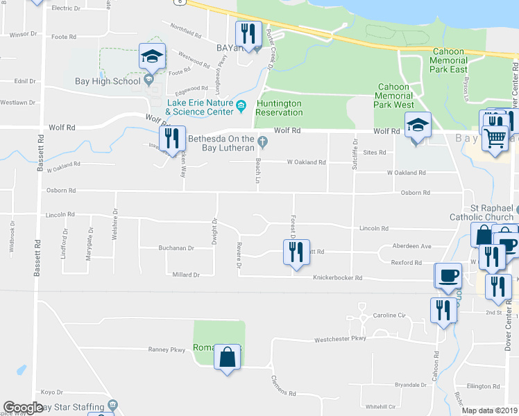 map of restaurants, bars, coffee shops, grocery stores, and more near 28600 North Lincoln Road in Bay Village