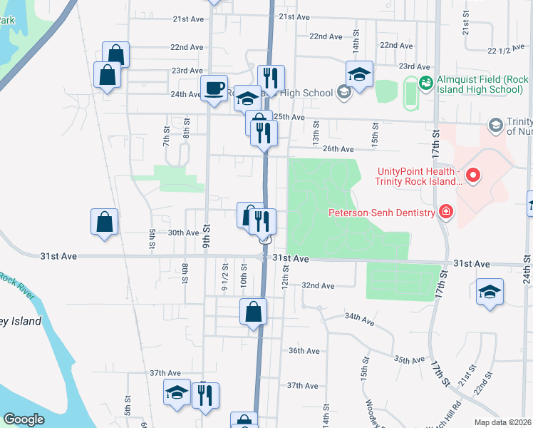 map of restaurants, bars, coffee shops, grocery stores, and more near 1104 29th Avenue in Rock Island