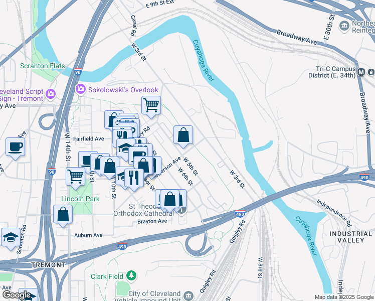 map of restaurants, bars, coffee shops, grocery stores, and more near 2447 West 5th Street in Cleveland
