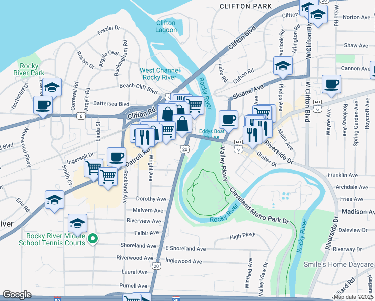 map of restaurants, bars, coffee shops, grocery stores, and more near 1587 Wooster Road in Rocky River
