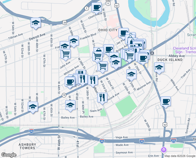map of restaurants, bars, coffee shops, grocery stores, and more near 3333 Lorain Avenue in Cleveland