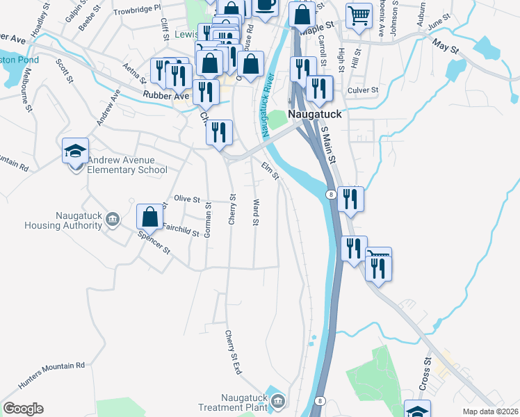 map of restaurants, bars, coffee shops, grocery stores, and more near 109 Ward Street in Naugatuck