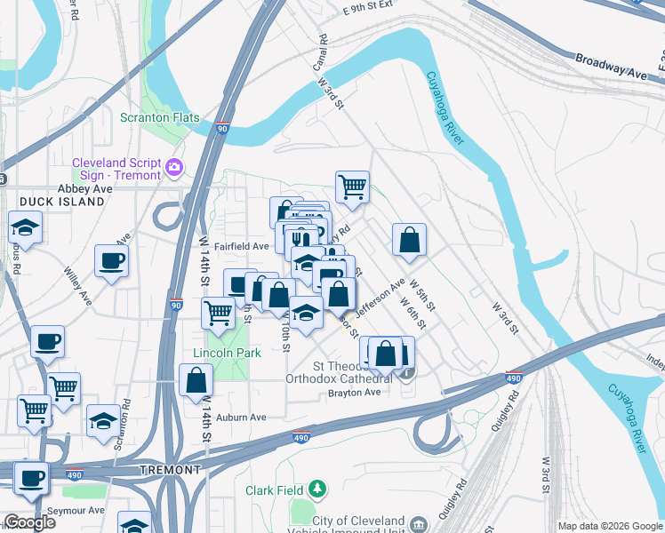 map of restaurants, bars, coffee shops, grocery stores, and more near 812 College Avenue in Cleveland
