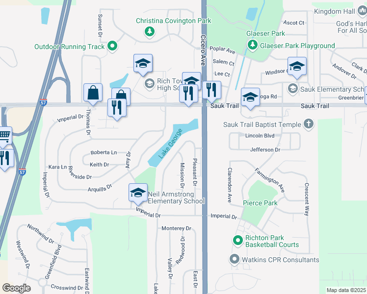 map of restaurants, bars, coffee shops, grocery stores, and more near 22454 Pleasant Drive in Richton Park