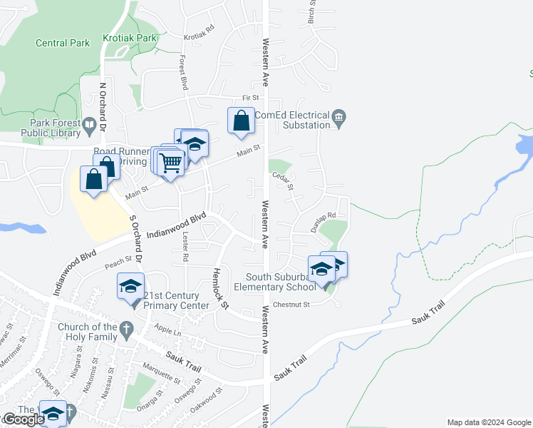 map of restaurants, bars, coffee shops, grocery stores, and more near 3377 Western Avenue in Park Forest