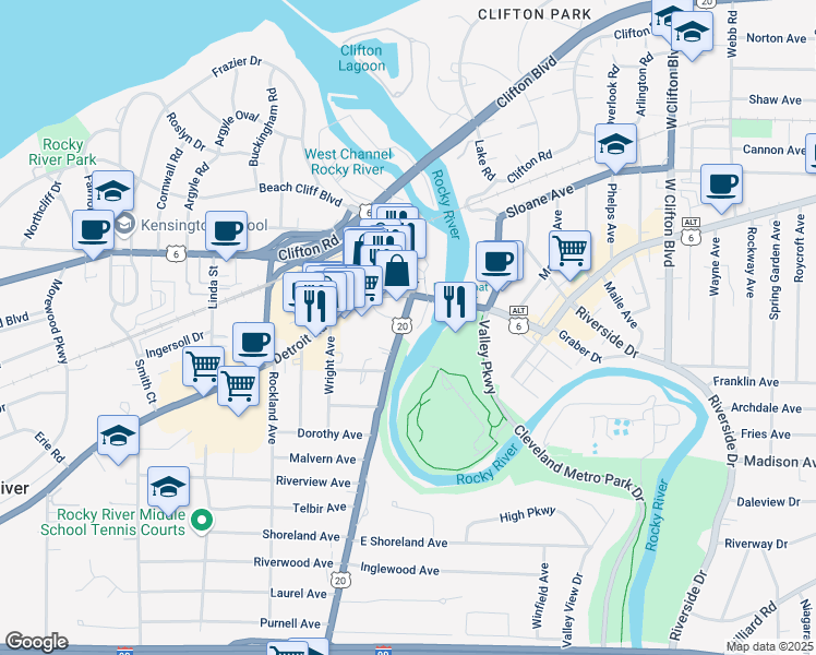 map of restaurants, bars, coffee shops, grocery stores, and more near 1587 Wooster Road in Rocky River