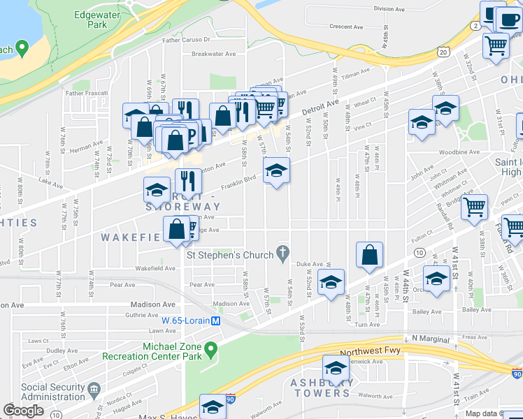 map of restaurants, bars, coffee shops, grocery stores, and more near 1812 West 57th Street in Cleveland