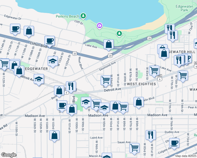 map of restaurants, bars, coffee shops, grocery stores, and more near 1369 West Boulevard in Cleveland