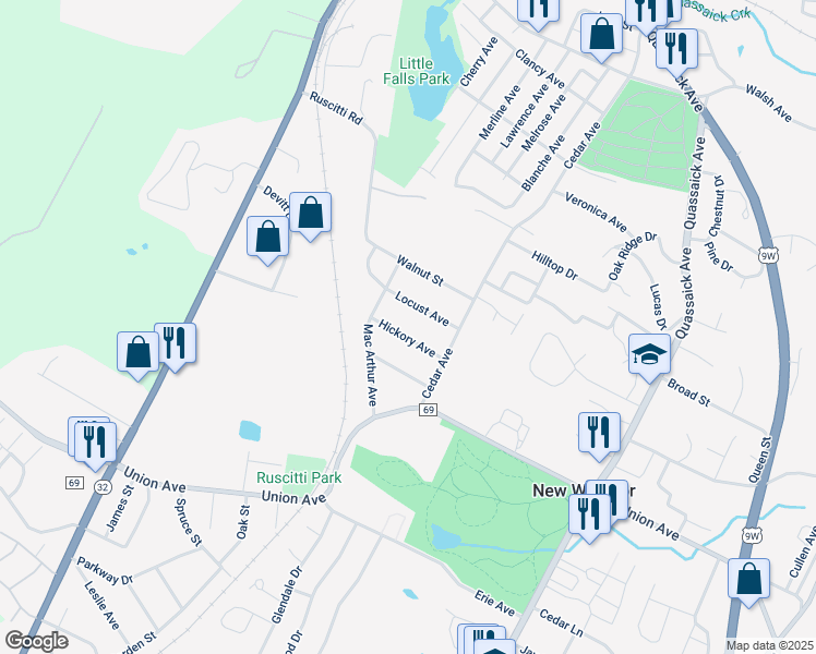 map of restaurants, bars, coffee shops, grocery stores, and more near 13 Hickory Avenue in New Windsor