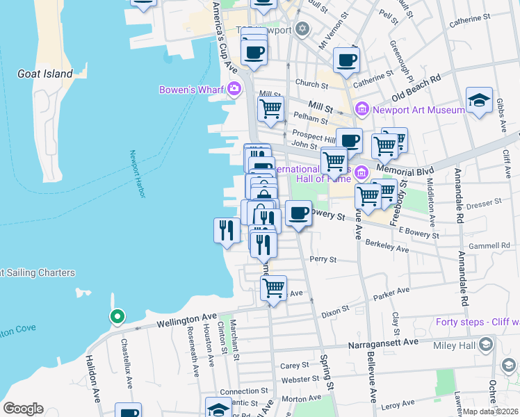 map of restaurants, bars, coffee shops, grocery stores, and more near 448 Thames Street in Newport