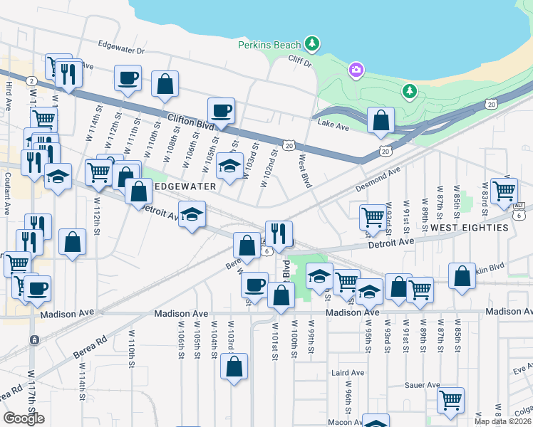 map of restaurants, bars, coffee shops, grocery stores, and more near 10131 Baltic Road in Cleveland