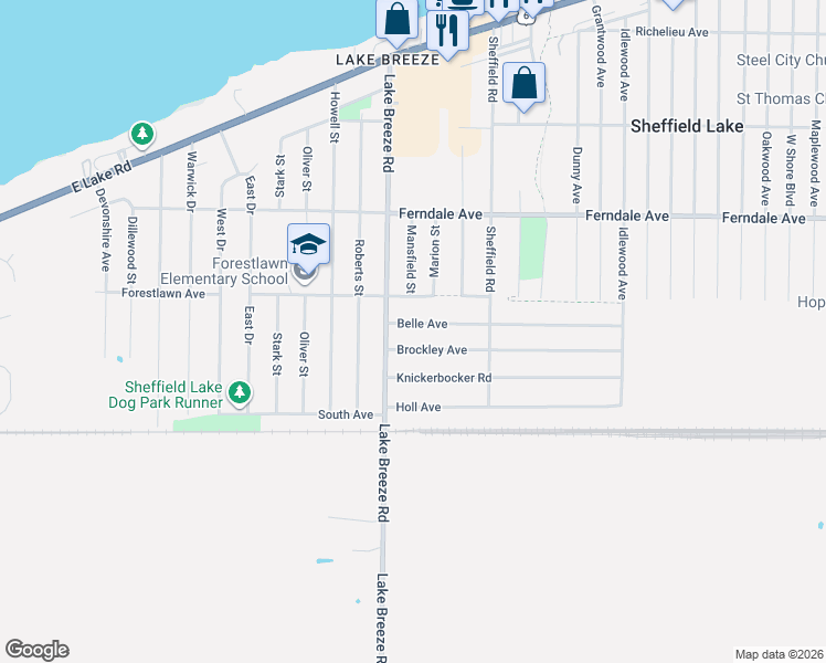 map of restaurants, bars, coffee shops, grocery stores, and more near 4138 Brockley Avenue in Sheffield Lake