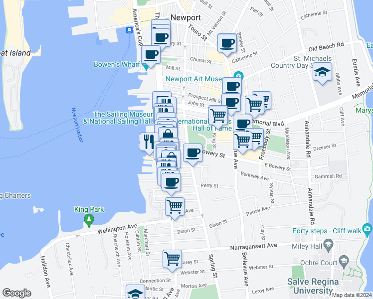 map of restaurants, bars, coffee shops, grocery stores, and more near 343 Spring Street in Newport