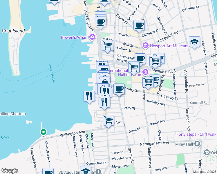 map of restaurants, bars, coffee shops, grocery stores, and more near 15 Young Street in Newport