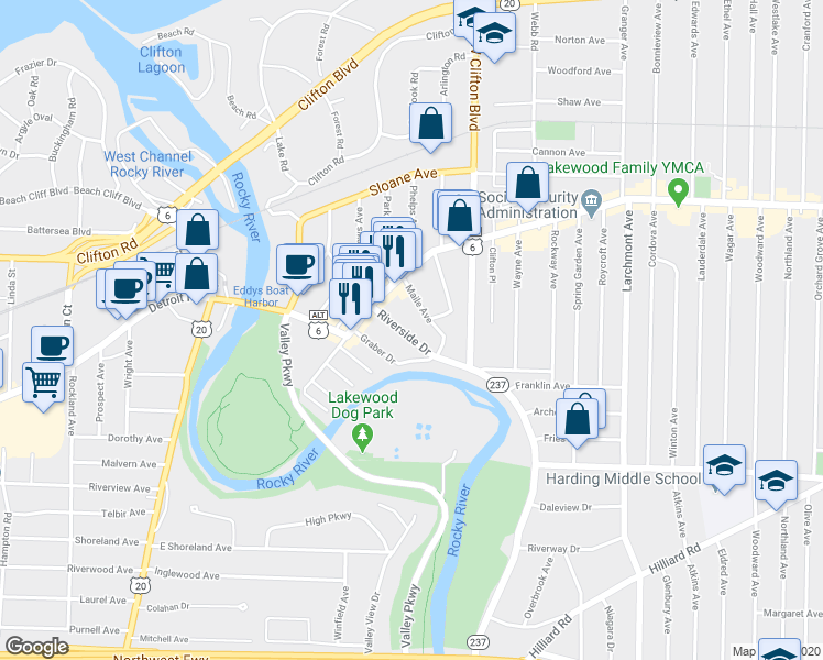 map of restaurants, bars, coffee shops, grocery stores, and more near 1451 Riverside Drive in Lakewood