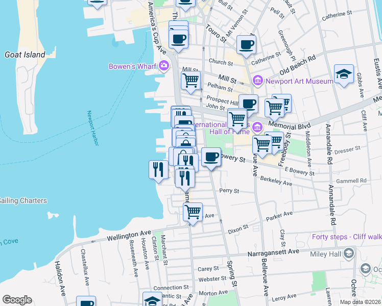 map of restaurants, bars, coffee shops, grocery stores, and more near 11 Young Street in Newport