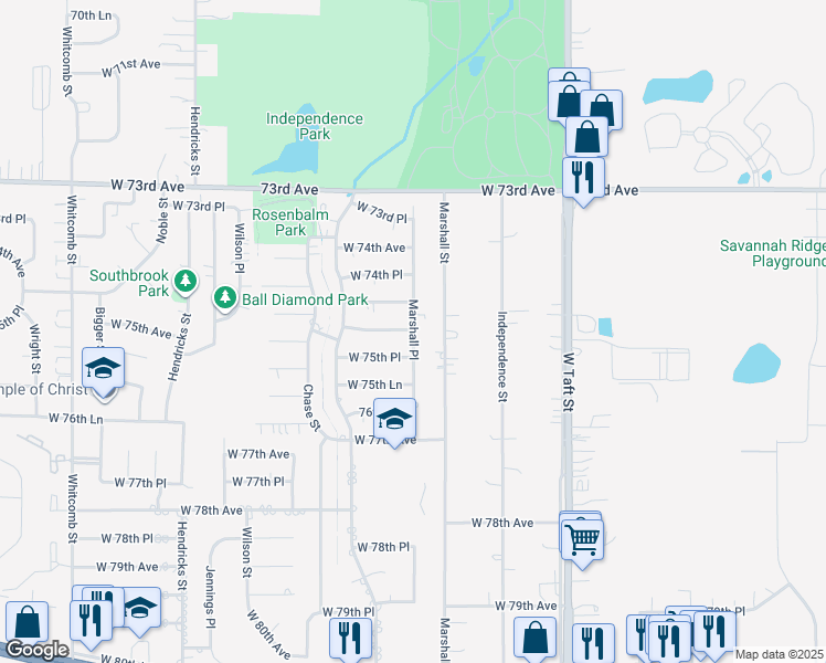 map of restaurants, bars, coffee shops, grocery stores, and more near 7502 Marshall Place in Merrillville