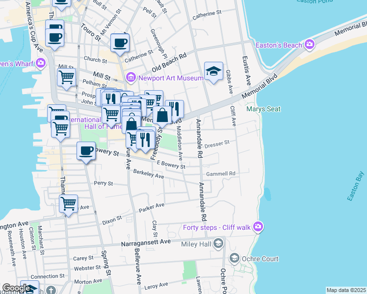 map of restaurants, bars, coffee shops, grocery stores, and more near 11 Weaver Avenue in Newport