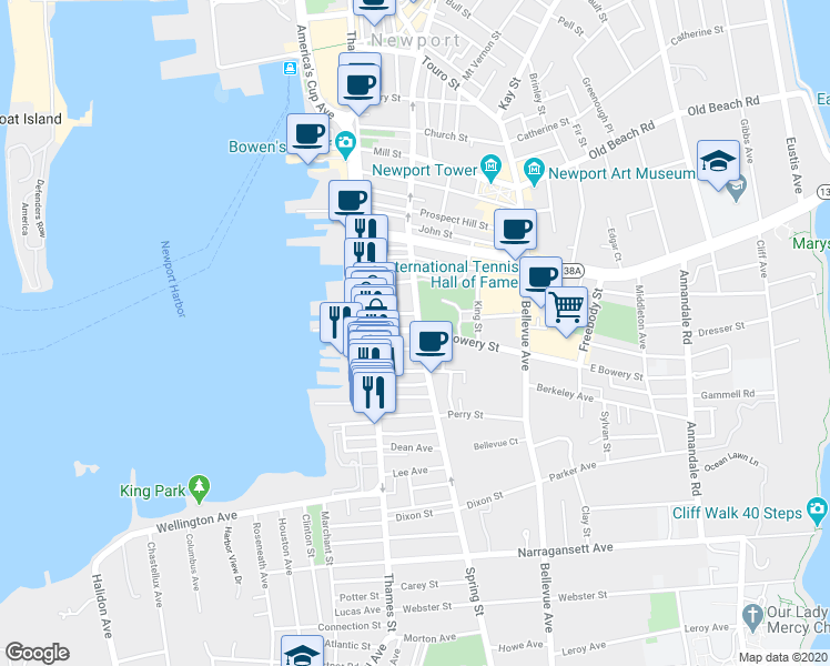 map of restaurants, bars, coffee shops, grocery stores, and more near 37 Howard Street in Newport