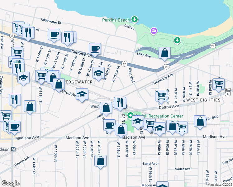 map of restaurants, bars, coffee shops, grocery stores, and more near 10131 Baltic Road in Cleveland
