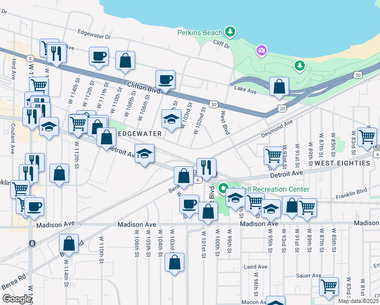 map of restaurants, bars, coffee shops, grocery stores, and more near 10211 Baltic Road in Cleveland