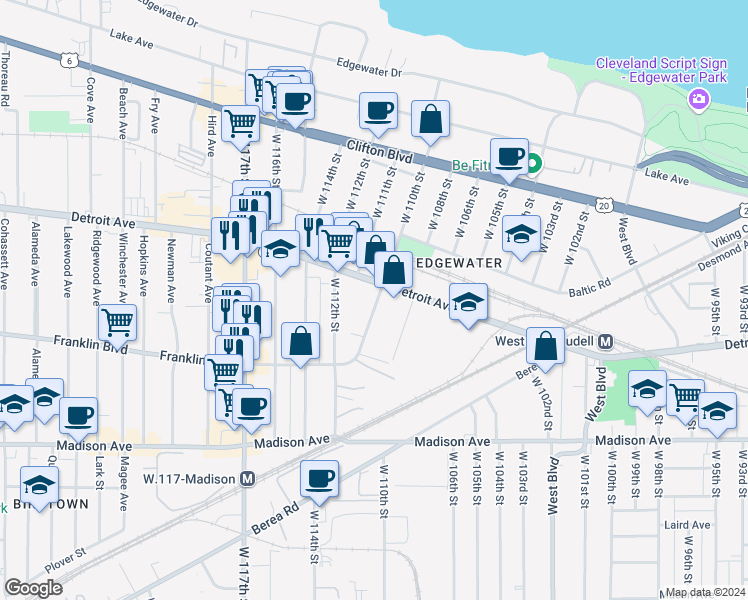 map of restaurants, bars, coffee shops, grocery stores, and more near 1438 West 110th Street in Cleveland
