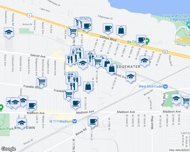 map of restaurants, bars, coffee shops, grocery stores, and more near 1458 West 112th Street in Cleveland