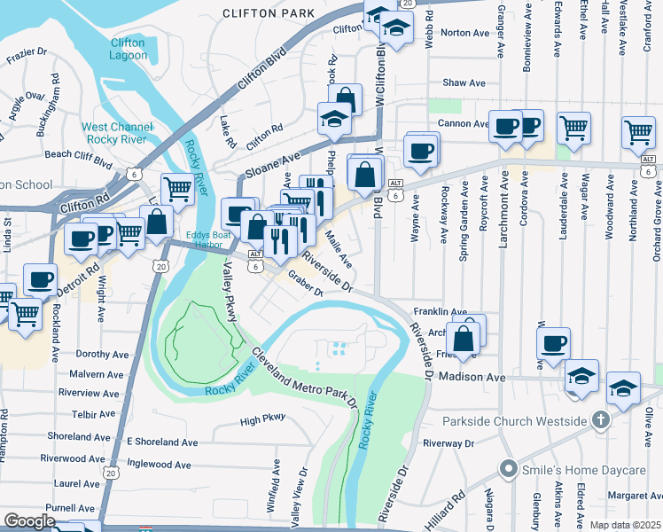 map of restaurants, bars, coffee shops, grocery stores, and more near 1458 Riverside Drive in Lakewood
