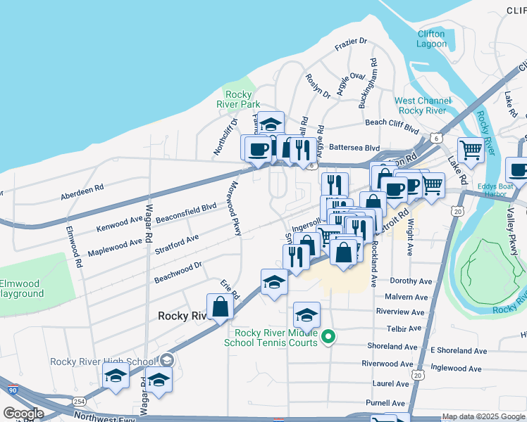 map of restaurants, bars, coffee shops, grocery stores, and more near 1110 Smith Court in Rocky River