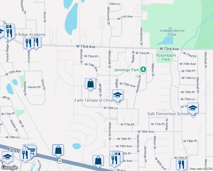 map of restaurants, bars, coffee shops, grocery stores, and more near 7573 Wright Street in Merrillville