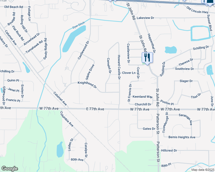 map of restaurants, bars, coffee shops, grocery stores, and more near 1509-1517 Knighthood Drive in Dyer