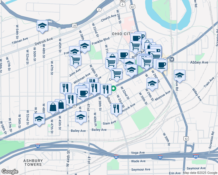 map of restaurants, bars, coffee shops, grocery stores, and more near in Cleveland