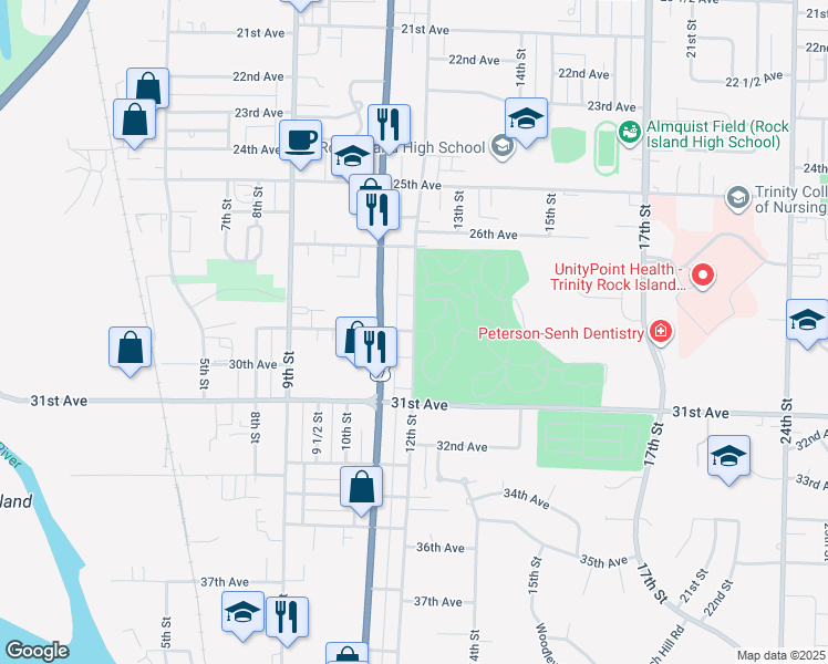 map of restaurants, bars, coffee shops, grocery stores, and more near 2901 12th Street in Rock Island