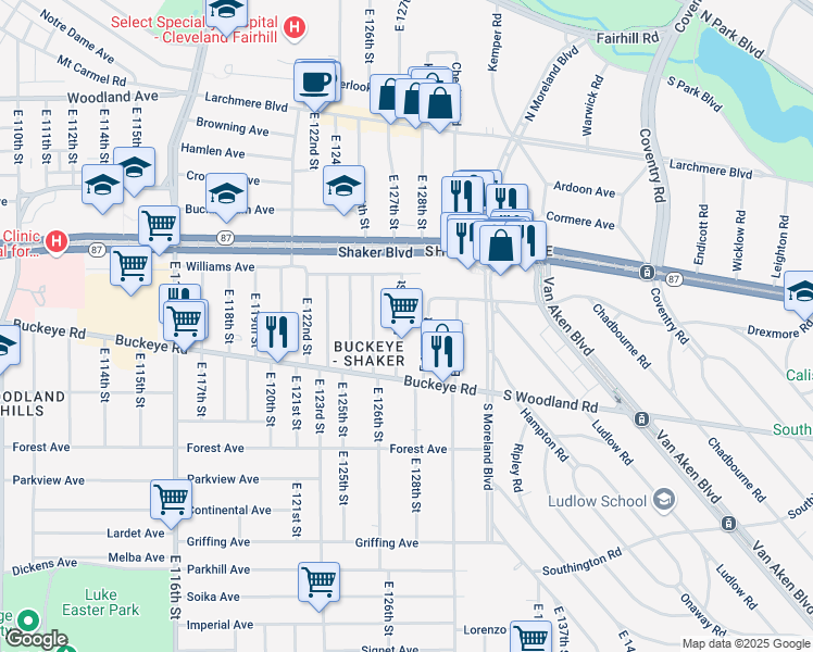 map of restaurants, bars, coffee shops, grocery stores, and more near 2833 East 127th Street in Cleveland