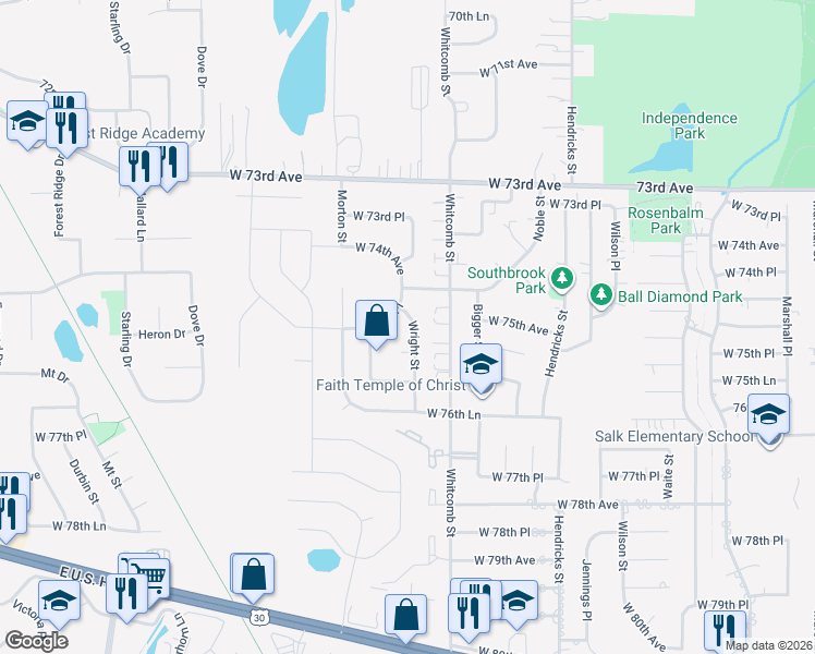 map of restaurants, bars, coffee shops, grocery stores, and more near 7536 Wright Street in Merrillville