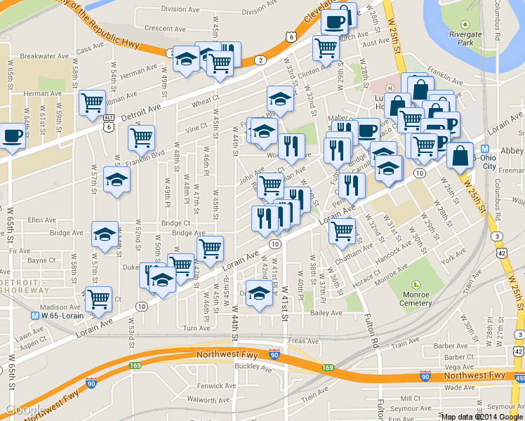map of restaurants, bars, coffee shops, grocery stores, and more near 4110 Bridge Avenue in Cleveland