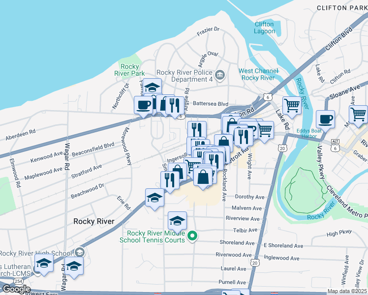map of restaurants, bars, coffee shops, grocery stores, and more near 19851 Ingersoll Drive in Rocky River