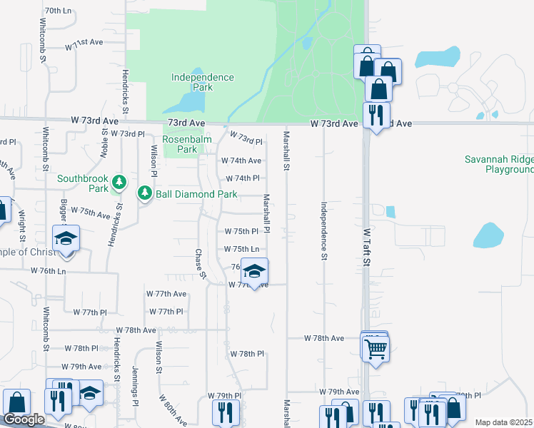 map of restaurants, bars, coffee shops, grocery stores, and more near West 75th Place in Merrillville