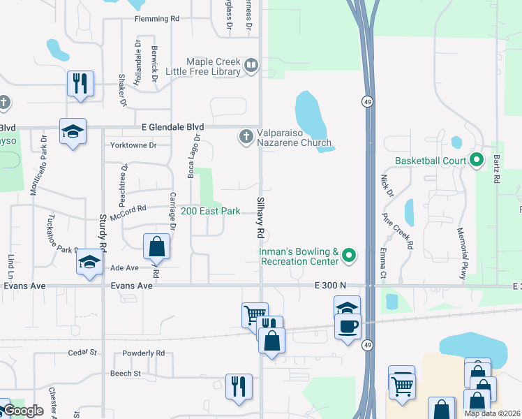 map of restaurants, bars, coffee shops, grocery stores, and more near 1500 Silhavy Road in Valparaiso