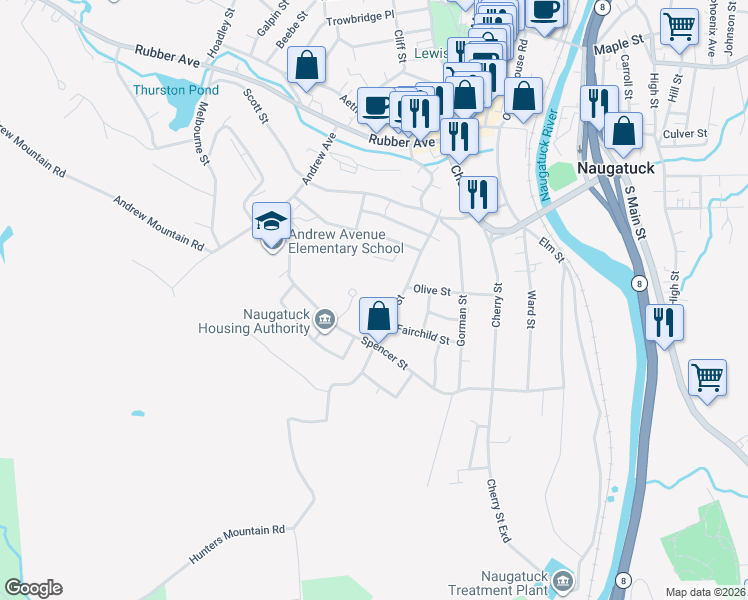 map of restaurants, bars, coffee shops, grocery stores, and more near 139 Lewis Street in Naugatuck