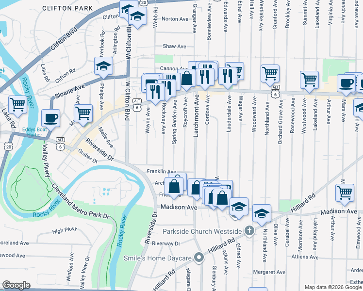 map of restaurants, bars, coffee shops, grocery stores, and more near 1555 Roycroft Avenue in Lakewood
