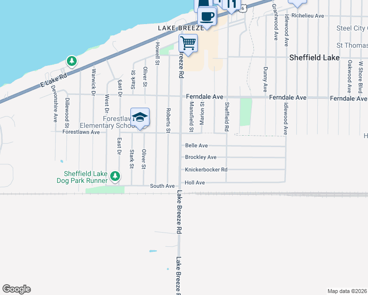 map of restaurants, bars, coffee shops, grocery stores, and more near 949 Lake Breeze Road in Sheffield Lake