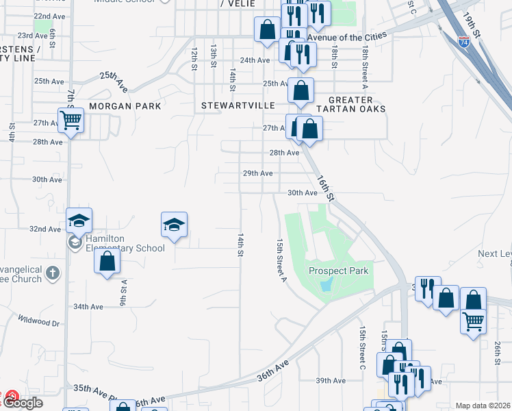 map of restaurants, bars, coffee shops, grocery stores, and more near 3103 15th Street in Moline