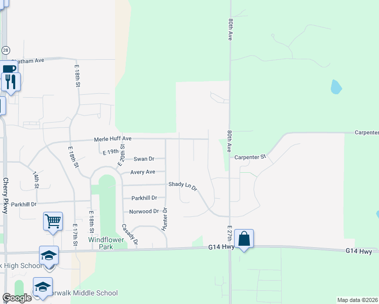 map of restaurants, bars, coffee shops, grocery stores, and more near 1403 Prairie Vista Court in Norwalk