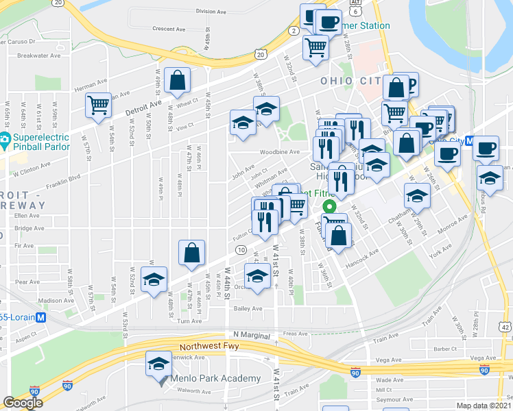 map of restaurants, bars, coffee shops, grocery stores, and more near 4106 Bridge Avenue in Cleveland