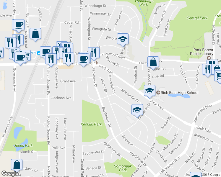 map of restaurants, bars, coffee shops, grocery stores, and more near 347 Minocqua Street in Park Forest