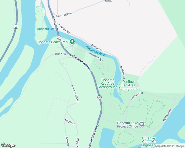 map of restaurants, bars, coffee shops, grocery stores, and more near Colonel Drake Highway in Tionesta