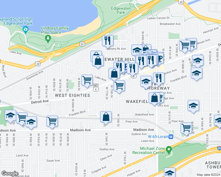 map of restaurants, bars, coffee shops, grocery stores, and more near 1422 West 75th Street in Cleveland