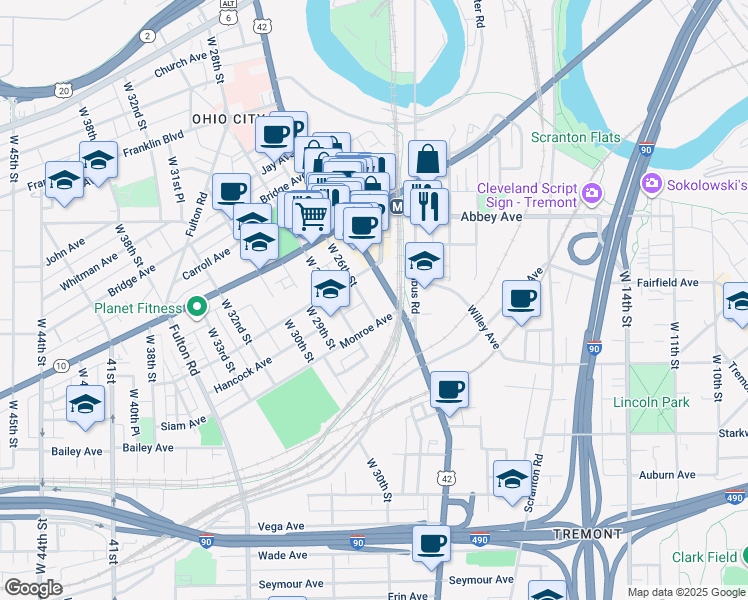 map of restaurants, bars, coffee shops, grocery stores, and more near 2511 Monroe Avenue in Cleveland