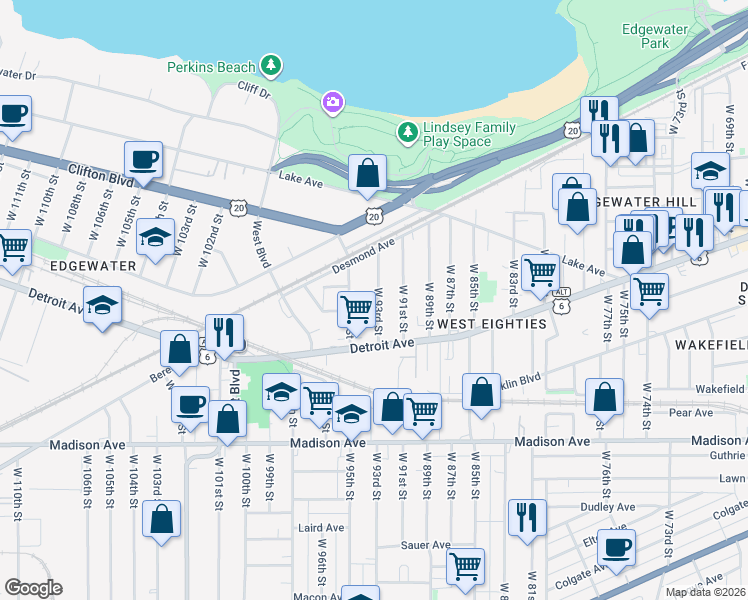 map of restaurants, bars, coffee shops, grocery stores, and more near 1344 West 93rd Street in Cleveland